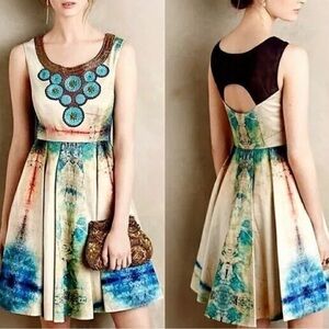 Anthropologie Bhanuni Jyoti Villette Watercolor Dress Beaded Neck Sleeve…